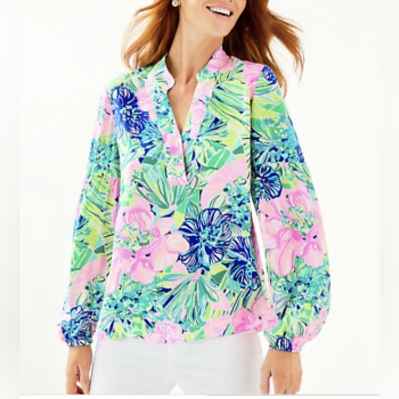 Lilly Pulitzer Shea Silk Tunic Top, Multi Island Escape XS - Picture 1 of 13